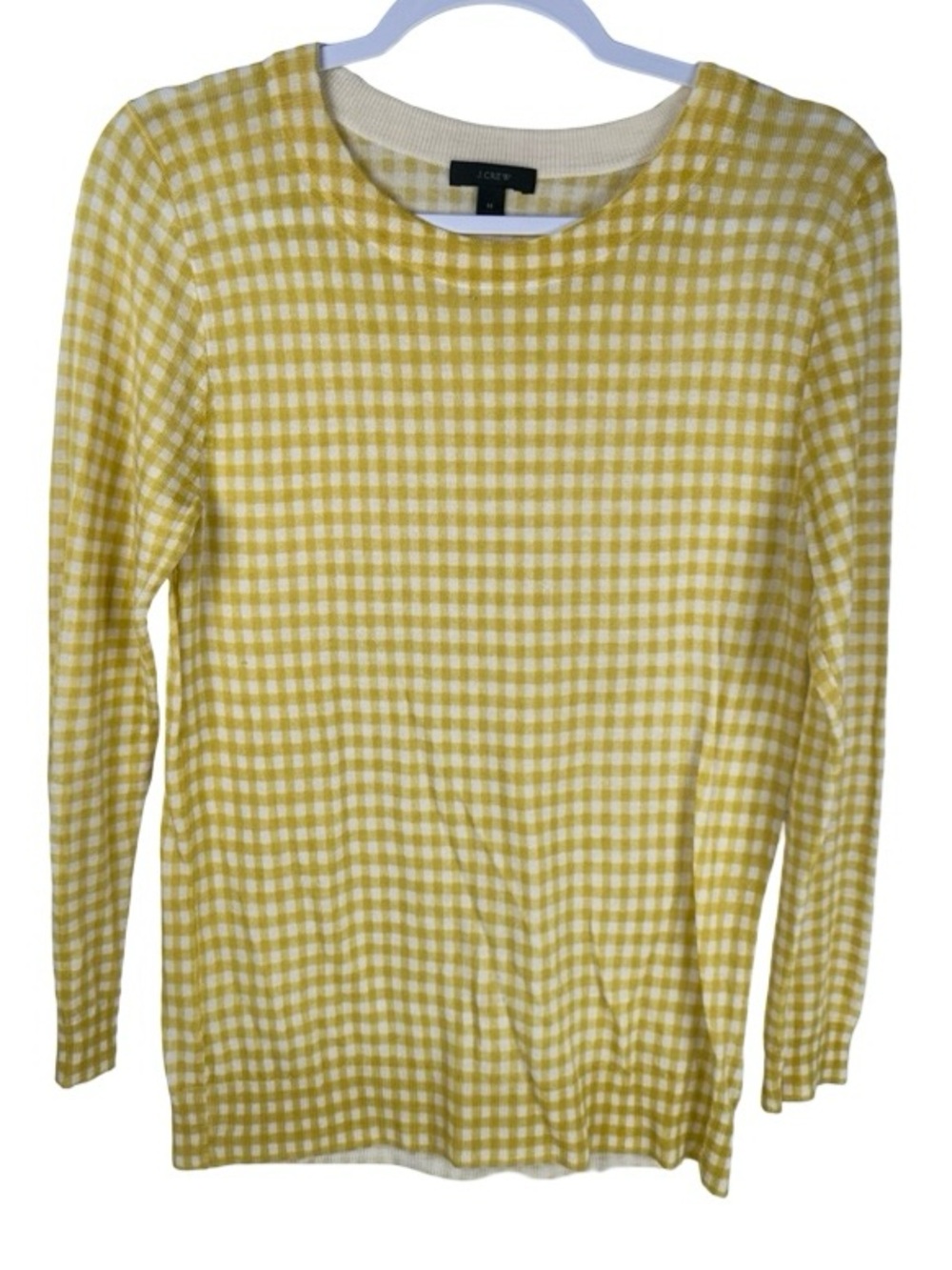 J. Crew Yellow White Gingham Check Merino Wool Long Sleeve Crew Sweater Medium